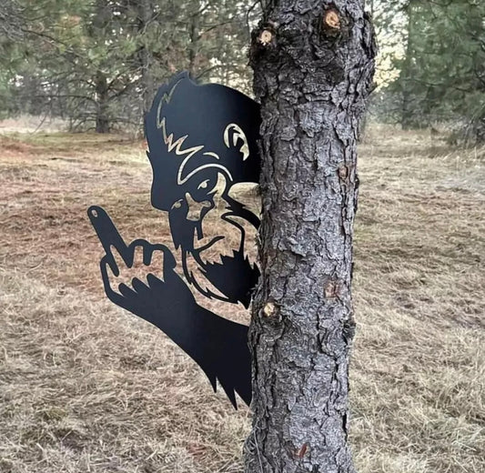 Peek-a-Boo Flipping Off Bigfoot Metal Sign - Bigfoot Says Your #1 - Size 10x15in