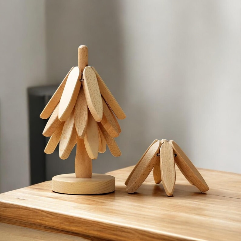Wooden Trivets for Hot Dishes Folding Tree Shape Black Walnut Table Mat Holders
